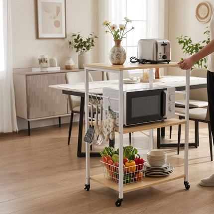 Kitchen Cart – 3-Tier Rolling, 3 Shelves, 6 S-Hooks