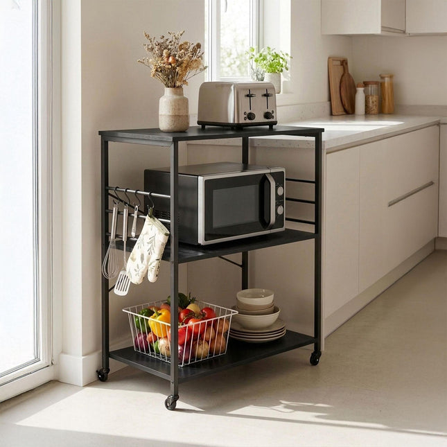 Kitchen Cart, 3-Tier Rolling Trolley With S-Hooks