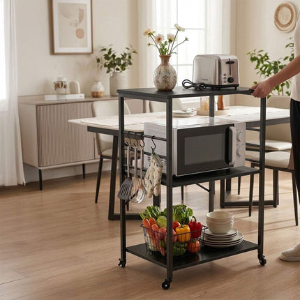 Kitchen Cart, 3-Tier Rolling Trolley With S-Hooks