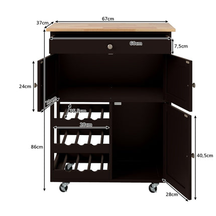 Kitchen Cart with Drawer, 3-Tier Wine Rack, Wood Top