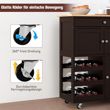 Kitchen Cart with Drawer, 3-Tier Wine Rack, Wood Top
