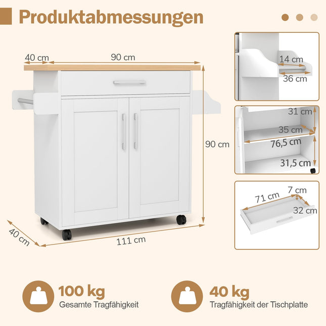 Kitchen Cart with Drawer & Adjustable Shelf – Natural/White