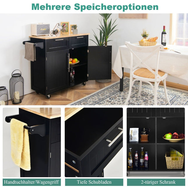 Kitchen Cart with Drawers and Cabinets, Black, 94x45.5x94.5 cm