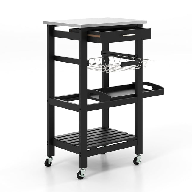 Kitchen Cart with Stainless Steel Top, Black, 47x39x85 cm