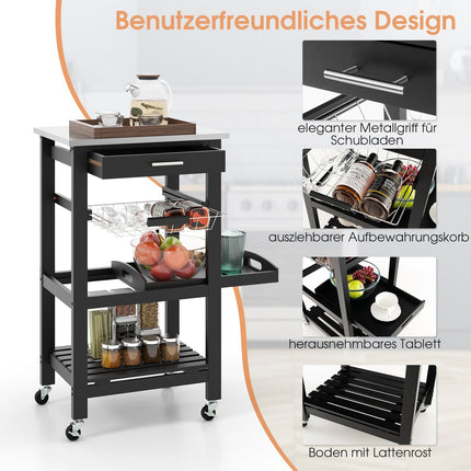 Kitchen Cart with Stainless Steel Top, Black, 47x39x85 cm