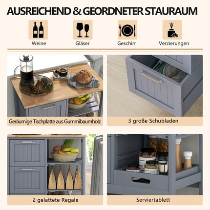Kitchen Cart with Tray, Shelves & 3 Drawers – Grey