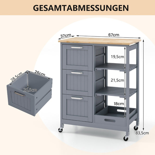 Kitchen Cart with Tray, Shelves & 3 Drawers – Grey