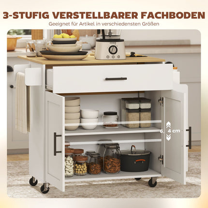 Kitchen Island Cart, Rolling, Drop-Leaf, Drawer, 120x68x85 cm, White