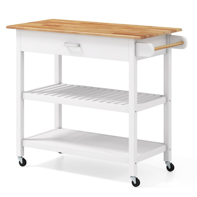 Kitchen Island Cart with Drawer & Shelves – White, Wood Top