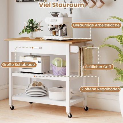 Kitchen Island Cart with Drawer & Shelves – White, Wood Top