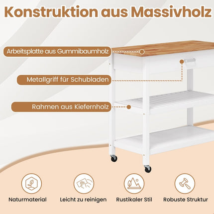 Kitchen Island Cart with Drawer & Shelves – White, Wood Top