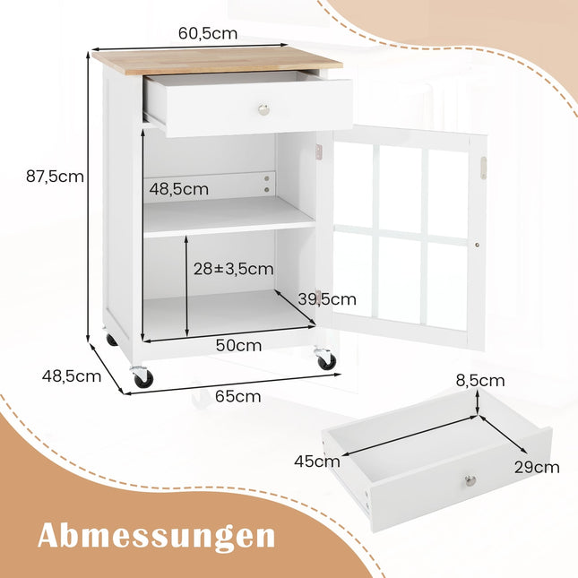 Kitchen Island Cart with Wood Top & Glass Door