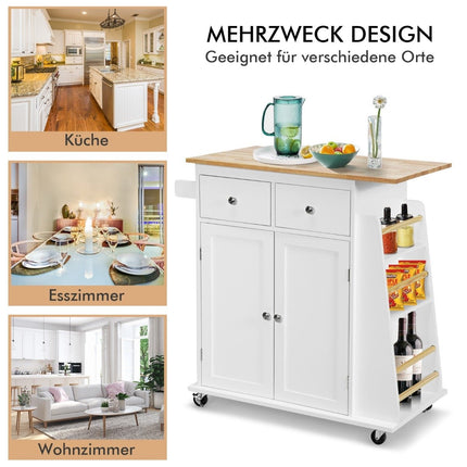 Kitchen Island with Storage Rolling Rubberwood Serving Trolley 88 x 46 x 89.5 cm White
