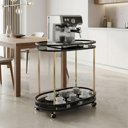 Kitchen Serving Trolley, 2 Glass Shelves, Black/Gold