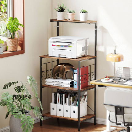 Kitchen Shelf, 4-Tier, Countertop, 8 Hooks, Metal, Brown/Black
