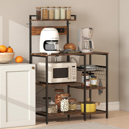 Kitchen Shelf with 2 Outlets, 5 Hooks, 5 Tiers, Steel