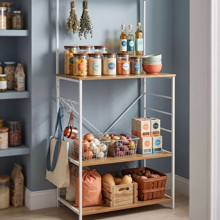 Kitchen Shelf with 4 Tiers & Hooks – Wood Look, MDF & Metal