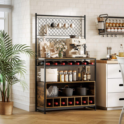 Kitchen Shelf with Hooks and Wine Rack, Rustic Brown