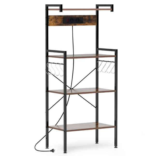 Kitchen Shelf with Outlet & 8 S-Hooks – Brown, 4-Tier