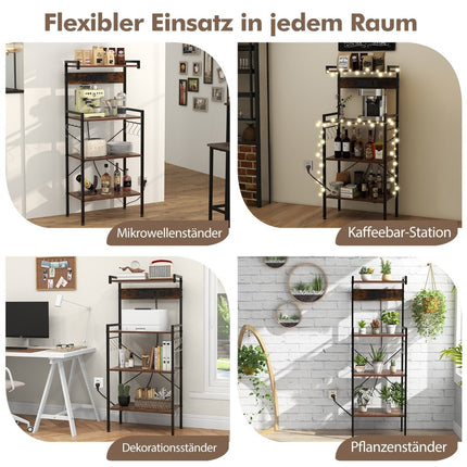 Kitchen Shelf with Outlet & 8 S-Hooks – Brown, 4-Tier