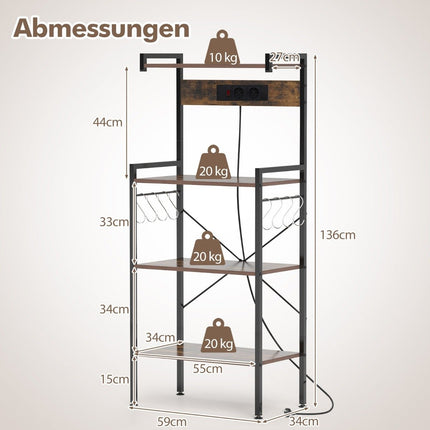 Kitchen Shelf with Outlet & 8 S-Hooks – Brown, 4-Tier
