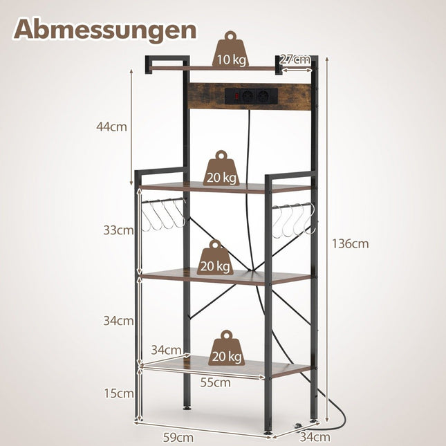 Kitchen Shelf with Outlet & 8 S-Hooks – Brown, 4-Tier