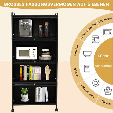 Kitchen Shelf with Wheels Mobile Microwave Stand with Hinged PC Doors 60 x 32 x 154 cm Black