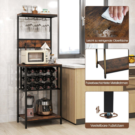 Kitchen Shelf with Wine Rack, Glass Holders & Hooks, Brown