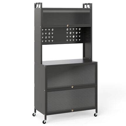 Kitchen Storage Cabinet with Wheels, Folding Doors, Hooks
