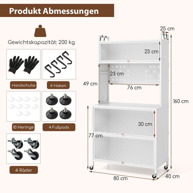 Kitchen Storage Cabinet with Wheels, Folding Doors, Hooks