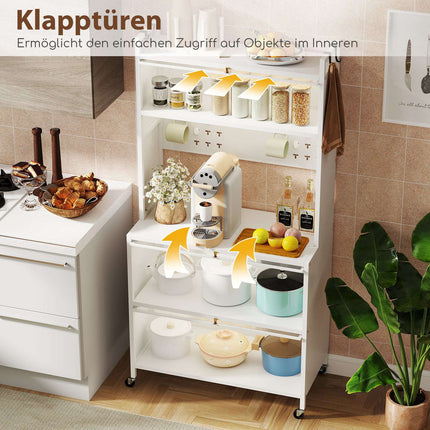 Kitchen Storage Cabinet with Wheels, Folding Doors, Hooks