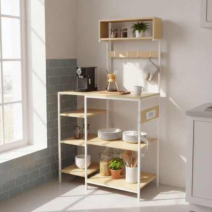 Kitchen Storage Shelf with Power Outlets and Hooks