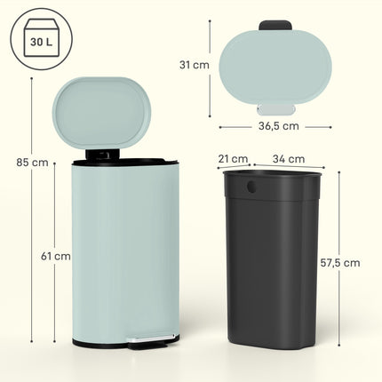 Kitchen Trash Can 30L, Green Metal Pedal Bin with Soft-Close Lid