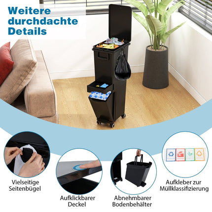 Kitchen Trash Can with 3 Compartments, Black, 4 Wheels