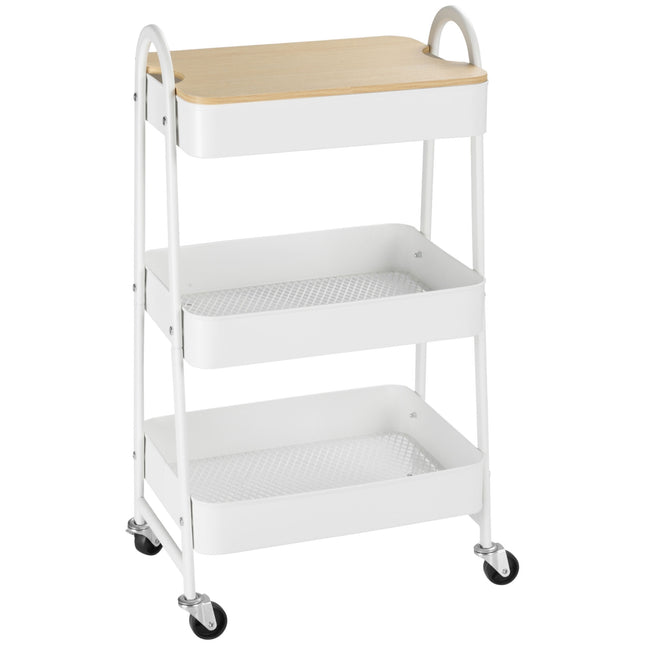3-level metal kitchen trolley with large storage, white