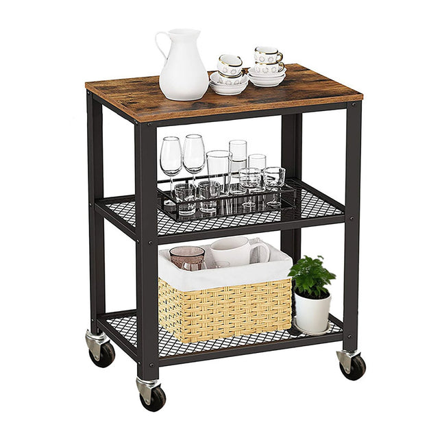 Kitchen Trolley, 3-Tier, Steel Frame, Wood Shelves