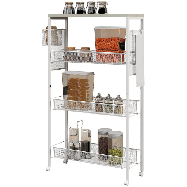 Kitchen trolley, 3-level with basket & hooks, white steel