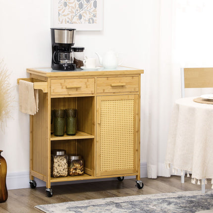 Bamboo kitchen trolley - drawer, cabinet, shelves, towel rack