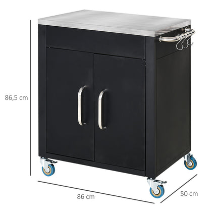 Kitchen trolley with wheels and cabinet, Black, 86x50x86.5 cm