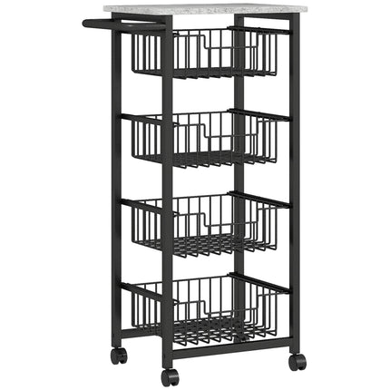 Kitchen Trolley with Wheels, 4 Steel Baskets, MDF Top
