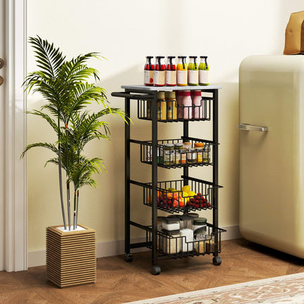Kitchen Trolley with Wheels, 4 Steel Baskets, MDF Top