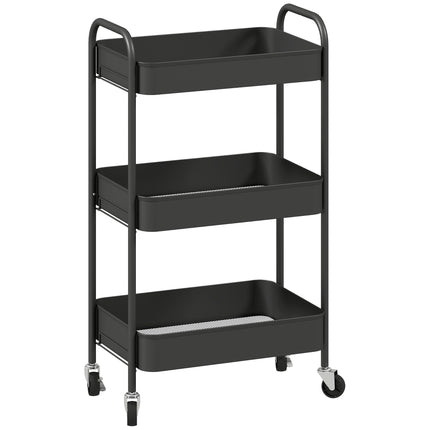 Kitchen Utility Cart, 3 Shelves, 4 Wheels, Black, 45x31x79 cm
