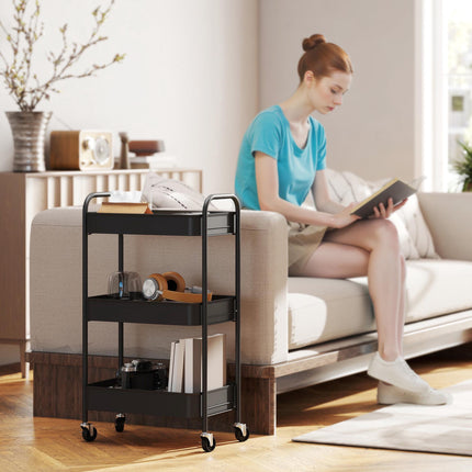 Kitchen Utility Cart, 3 Shelves, 4 Wheels, Black, 45x31x79 cm