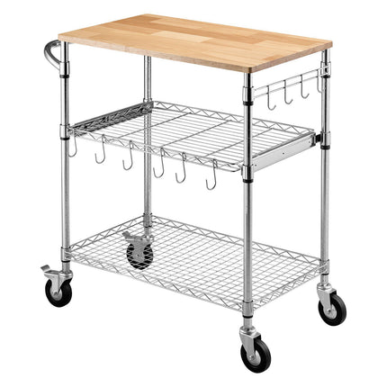 Kitchen Utility Cart, 3-Tier Rolling Wire Rack, Wood Top