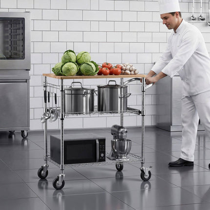 Kitchen Utility Cart, 3-Tier Rolling Wire Rack, Wood Top