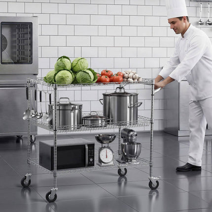 Kitchen Utility Cart, 3-Tier Steel Wire, 1000 lb