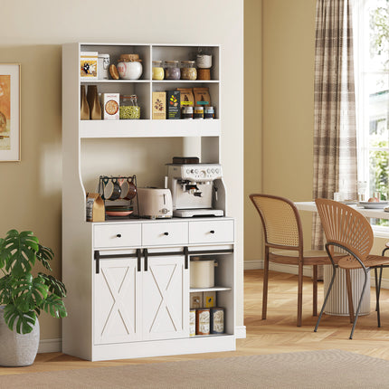 Kitchen cabinet with shelves, cupboards, drawers and storage space, farmhouse flair, adjustable shelves, wood, white