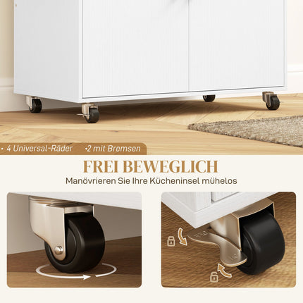 White Kitchen Island Trolley with wheels, spice rack & storage