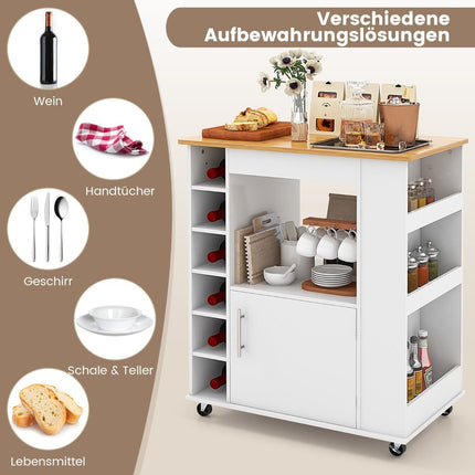 Kitchen island with storage space & towel holder bamboo plate wine rack white