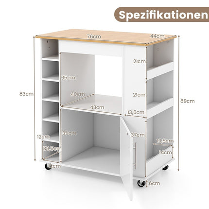 Kitchen island with storage space & towel holder bamboo plate wine rack white